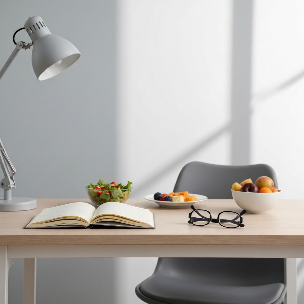 Ruhiger Arbeitsplatz mit Notizen und Lunchbox